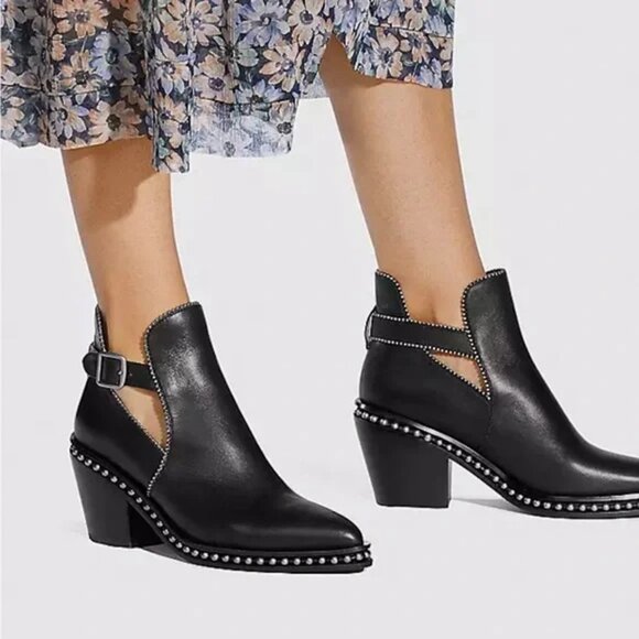 COACH Pipa Studded Leather Block Heel Almond Toe Ankle Bootie Black - Picture 1 of 11